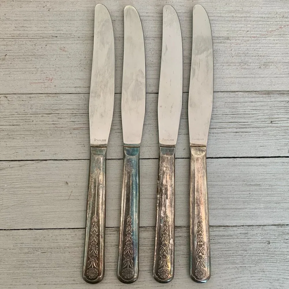 4 Meriden Silverplate Delight Knives Dinner Knife Floral Vintage 50s HTF Set 8.5